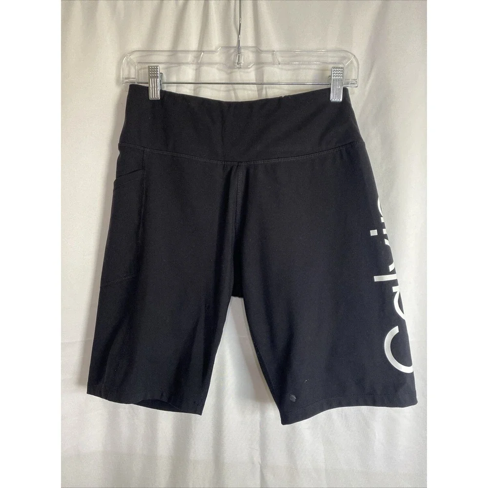 Calvin Klein Performance Womens Black Logo Biker Shorts High Waist Side Pocket L